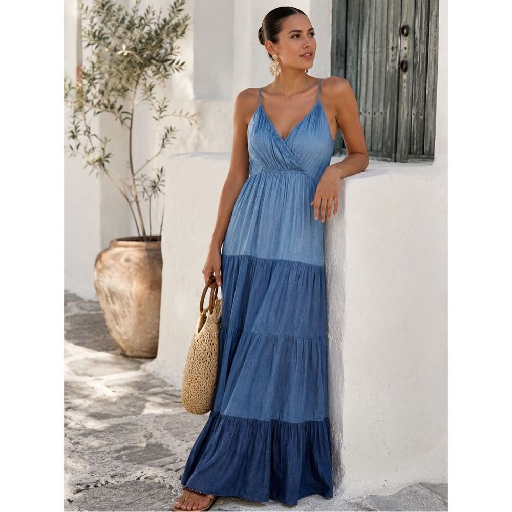 Karen Kane Tiered Chambray Denim Maxi Dress Women’s Small Boho Coastal